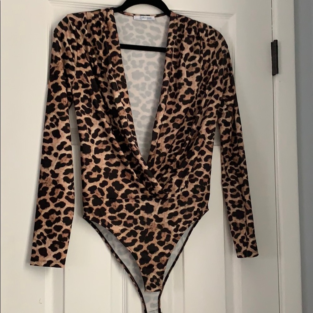 Zara open front leopard print bodysuit.